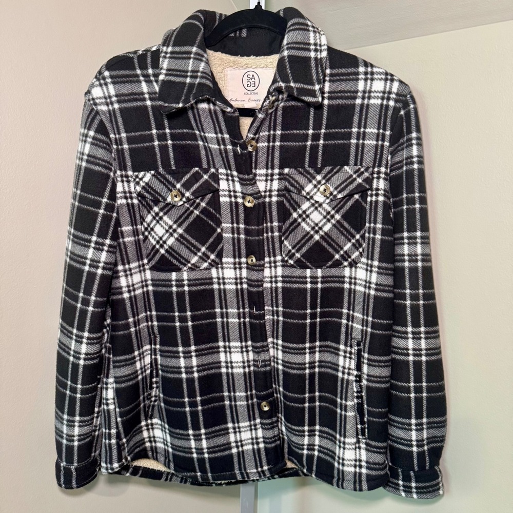 Sage Collective Womens Black White Plaid Sherpa Lined Fleece Shacket Small